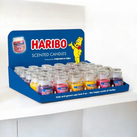 Display of Haribo scented candles in assorted colours and fragrances.