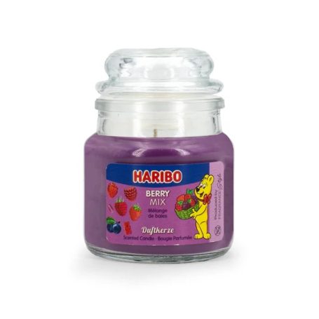 Purple candle jar with fruity notes, featuring a bear and playful design.